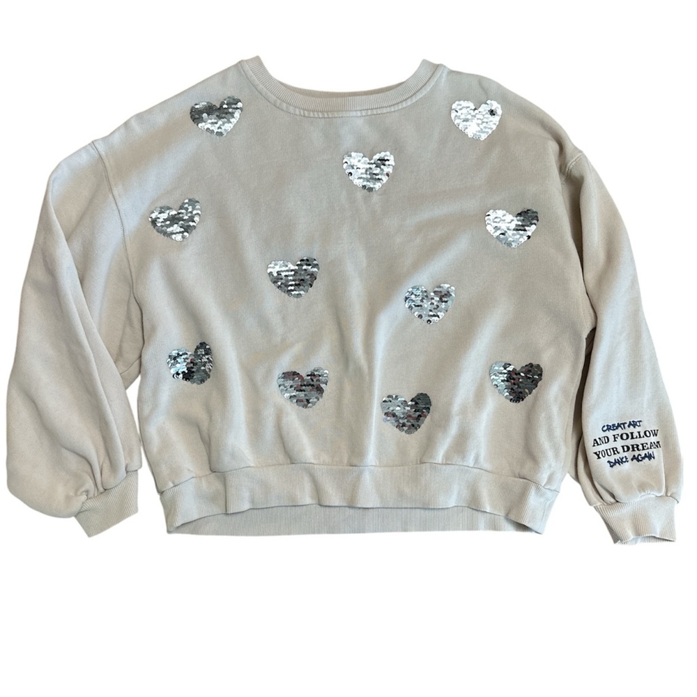 Zara Kids Cream Heart Sequins Crewneck Sweatshirt Girls Size 11/12
